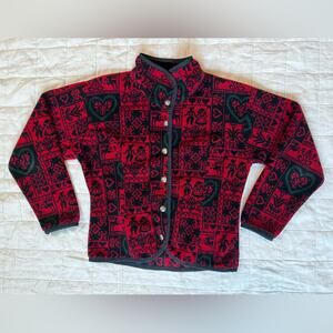 Vintage Obermeyer Red Black Scandinavian Nordic Graphic Fleece Button Jacket - S